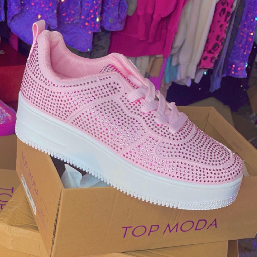 Pink Rhinestone Platform Womens Sneakers